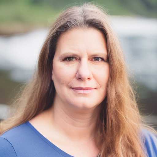 Heidi Nechtman with long brown hair wearing a blue shirt