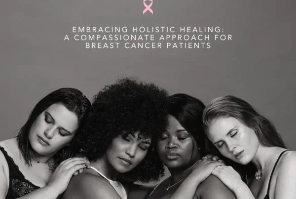 Four diverse women stand together with eyes closed, supporting each other with hands placed on each other's shoulders.