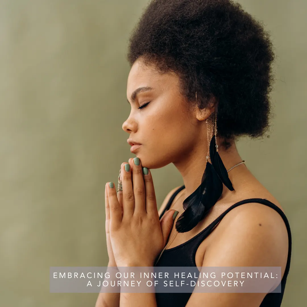 A woman is shown in profile with her eyes closed and hands clasped in prayer position at her chest